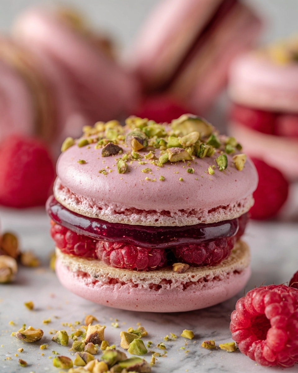 A close-up of a pink macaron with a smooth, shiny top sprinkled with small pieces of green pistachio nuts. The macaron has two pale pink layers with a rough, textured edge and a thick, dark red filling in the middle that looks creamy and glossy. Around the macaron, whole red raspberries and crushed pistachio nuts are scattered on a white marbled surface. In the background, more pink macarons are softly blurred, focusing attention on the main macaron in front. Photo taken with an iphone --ar 4:5 --v 7
