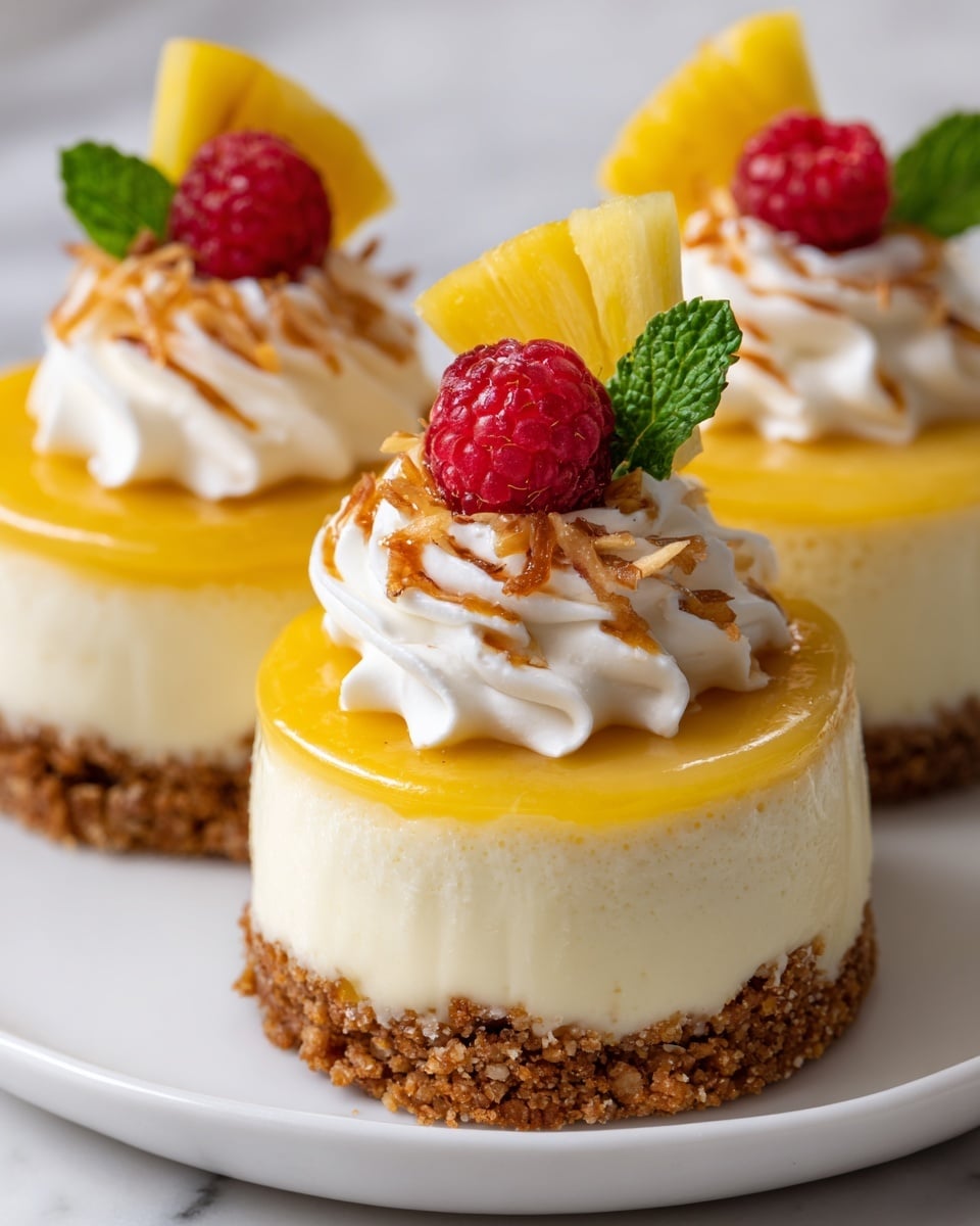 There are three small round desserts, each with three layers, on a white plate placed on a white marbled surface. The bottom layer is a crumbly light brown crust that looks crunchy. Above it is a smooth, creamy white middle layer that is thick and firm. The top layer is a swirl of light cream with a shiny yellow glaze underneath it. Each dessert is decorated with a bright red raspberry, two thin yellow pineapple slices behind the raspberry, and a small green mint leaf at the very top. Photo taken with an iphone --ar 4:5 --v 7