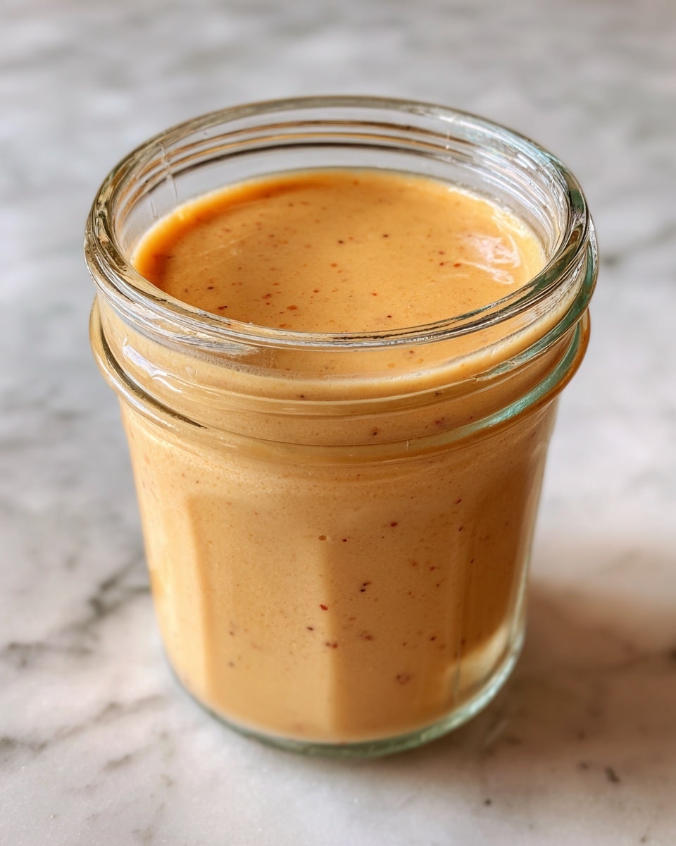 A close-up of a clear glass jar filled with smooth, creamy peach cobbler coffee creamer, showing a light peach color speckled with tiny brown dots throughout the liquid, sitting on a white marbled surface. The jar is full to the top with a slightly frothy texture visible near the rim. The background is softly blurred with warm tones. Photo taken with an iphone --ar 4:5 --v 7