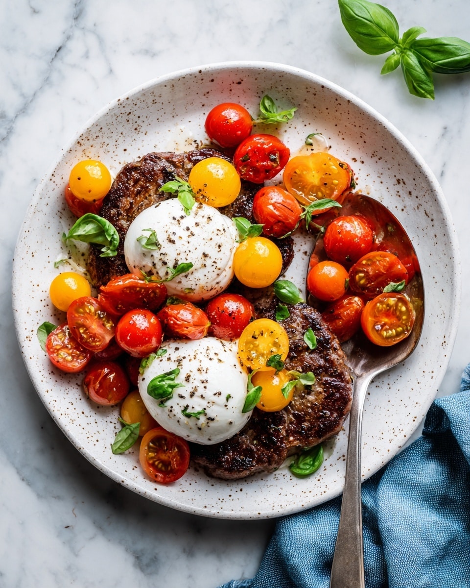 A white plate on a white marbled surface holds two grilled brown meat pieces as the bottom layer. On top of each meat piece is a smooth, white round ball of mozzarella cheese with small black pepper specks. The dish is topped with bright red, yellow, and orange halved cherry tomatoes that look juicy and fresh, mixed with bright green basil leaves scattered around. A silver spoon on the right side holds a spoonful of the tomato mix, adding a shiny texture to the vibrant colors. The photo taken with an iphone --ar 4:5 --v 7