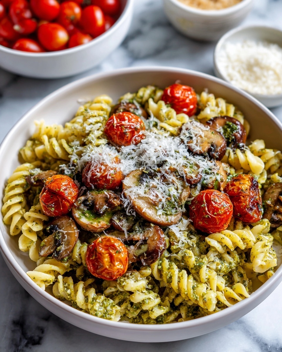 A close-up view of a pan filled with spiral pasta coated in green pesto sauce, mixed with halved red and orange cherry tomatoes, and slices of sautéed mushrooms. The pasta looks glossy and slightly textured with the pesto, while the cherry tomatoes add vibrant red and orange color contrast. Shredded cheese is sprinkled lightly on top, adding a white, fluffy texture. The pan is on a white marbled surface, with some bowls and fresh vegetables partially visible around it. Photo taken with an iphone --ar 4:5 --v 7