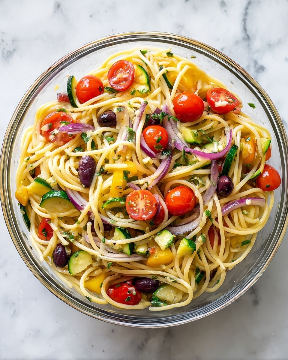 A clear glass bowl filled with a colorful spaghetti salad, with long yellow noodles tangled together, mixed with bright red cherry tomato halves, small green zucchini chunks, thin slices of purple-red onion, and sliced black olives scattered throughout. The ingredients are evenly mixed, showing a fresh, light texture with visible small bits of herbs and garlic. The bowl is placed on a white marbled surface. Photo taken with an iphone --ar 4:5 --v 7