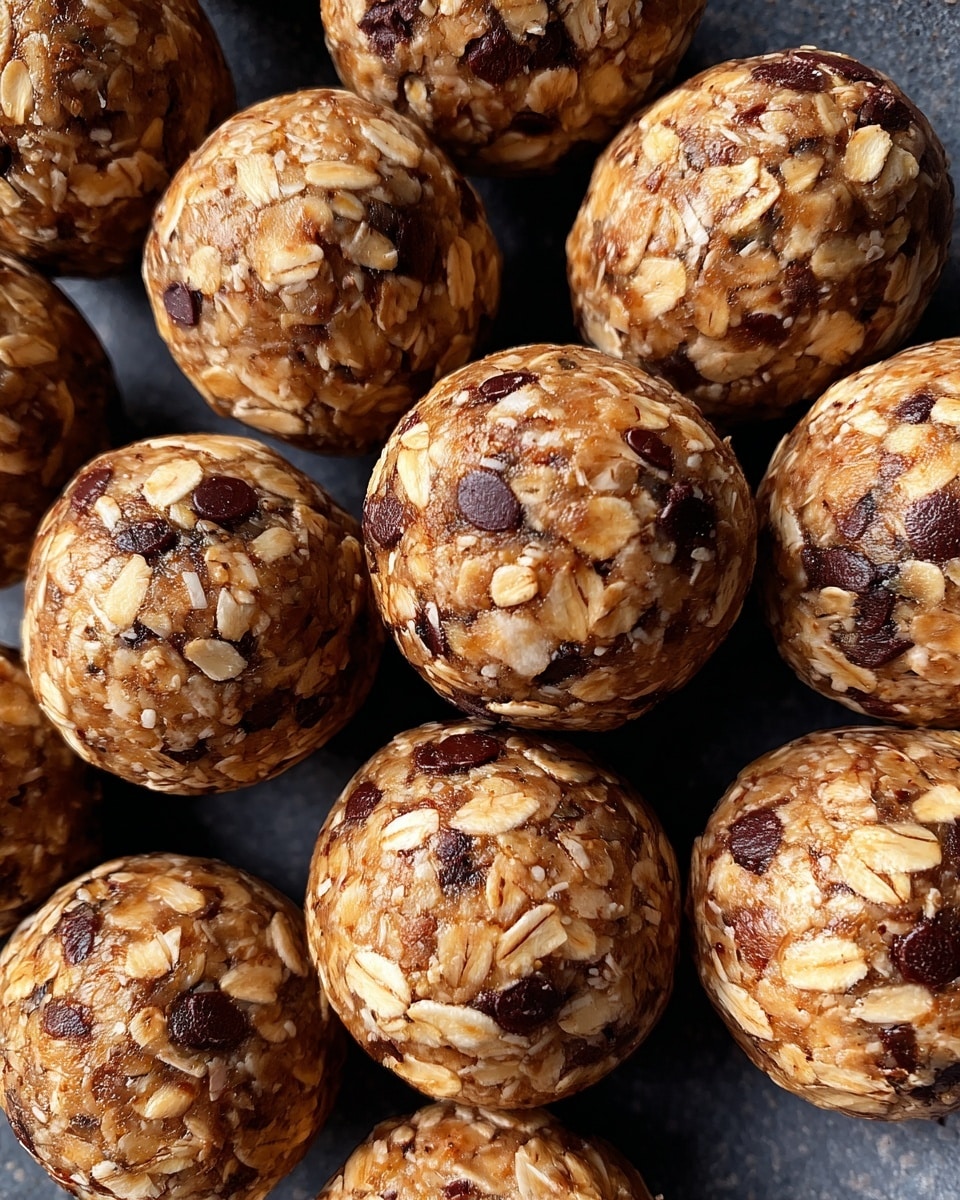 The image shows several round energy bites made mostly of golden oats with small dark chocolate chips scattered throughout. Each ball has a rough texture from the oats, with a light brown color and some shiny spots indicating a sticky binder like honey or peanut butter. The energy bites are placed closely together on a dark surface. The background is a white marbled texture. photo taken with an iphone --ar 4:5 --v 7