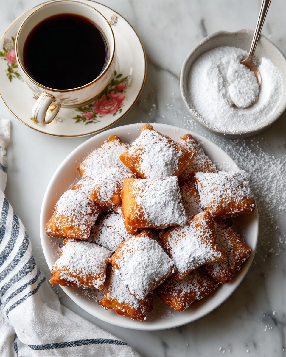 A white bowl filled with about two layers of golden brown, square-shaped fried beignets dusted heavily with white powdered sugar. Nearby is a white cup with a floral design holding dark black coffee, and a small white bowl containing granulated sugar with a spoon inside. The setting is on a white marbled surface with powdered sugar scattered lightly around, along with a blue and white striped cloth partially visible. Photo taken with an iphone --ar 4:5 --v 7