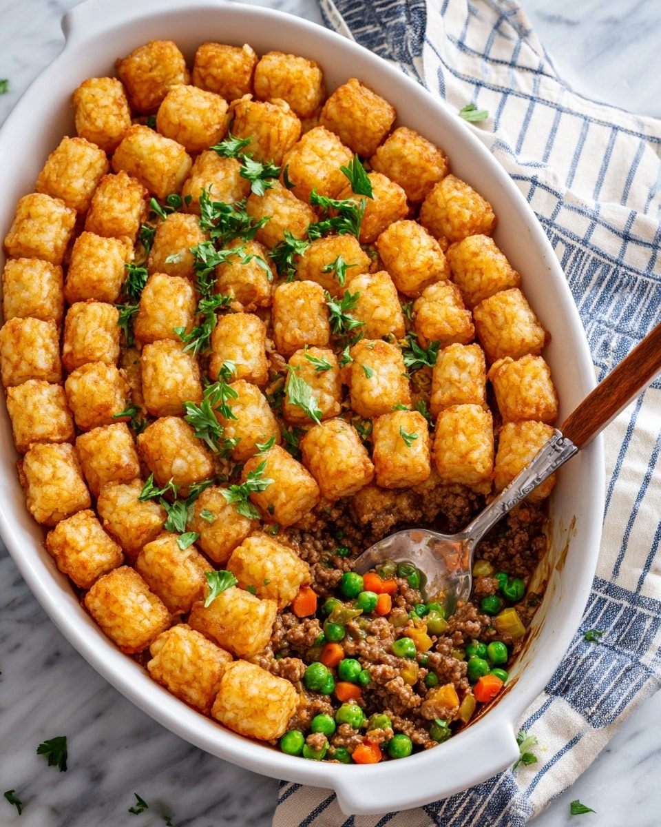 A white oval dish filled with a layer of golden-brown crispy tater tots neatly arranged in a grid pattern on top. Underneath the tater tots, a thick mixture layer of ground meat, green peas, and bits of orange carrot with a slightly saucy texture peeks through a gap next to a metal spoon with a wooden handle scooping out some of the filling. Small green parsley leaves are scattered on top of the tater tots and around the dish for garnish. The dish is set on a white marbled surface with a gray and white striped cloth partially visible underneath on one side, and a small white bowl with fresh green parsley to the side. Photo taken with an iphone --ar 4:5 --v 7