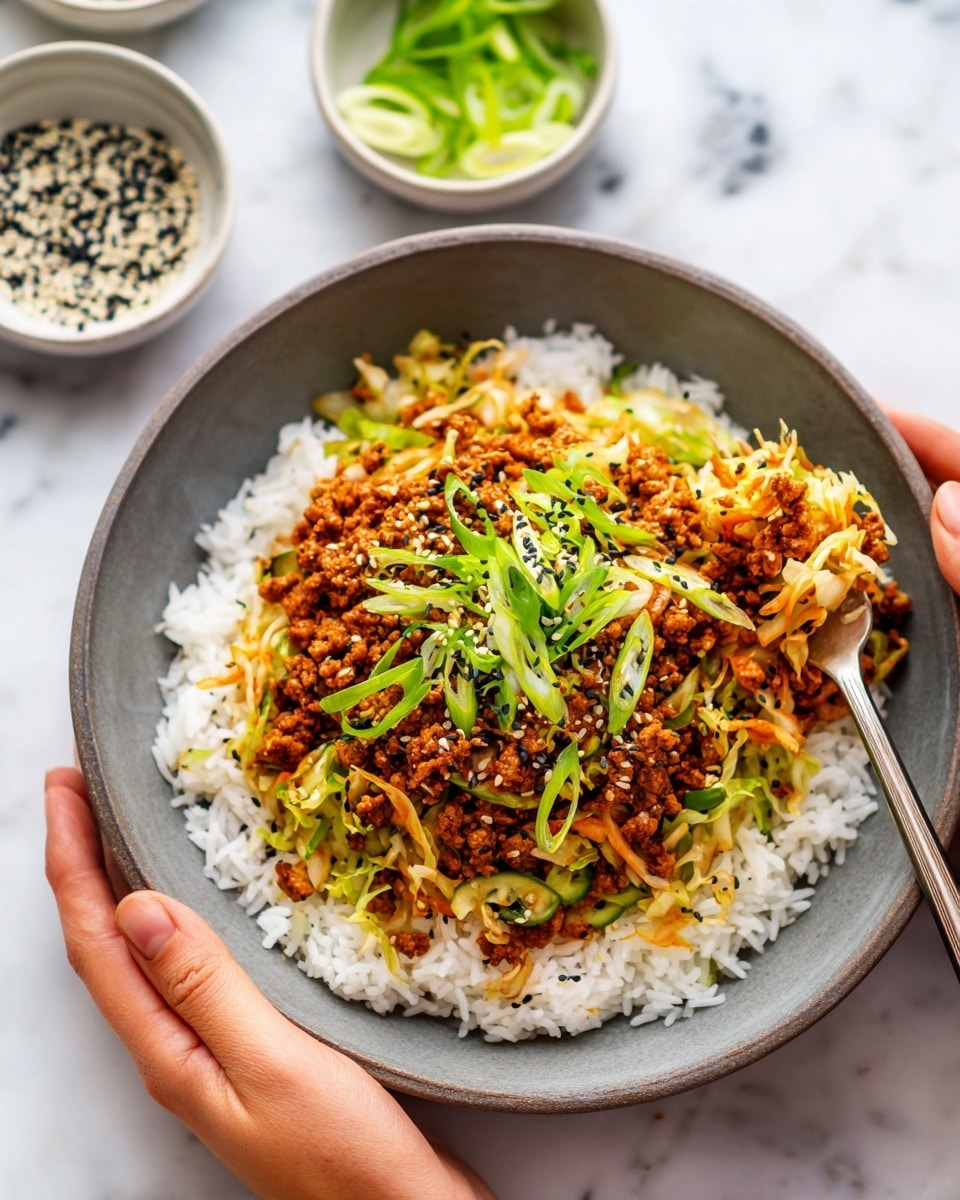 A round white plate filled with two layers: the bottom layer is plain white rice with soft, fluffy texture, and the top layer is a mix of cooked ground meat and thinly shredded green vegetables sprinkled with black and white sesame seeds. The dish is garnished with thinly sliced bright green scallions spread evenly on top. A woman’s hand holds the plate on the left side, and another woman’s hand holds a fork digging into the meat and vegetable mix from the right side. The background is a white marbled surface with small bowls of sliced green onions, sesame seeds, and red chili flakes around the plate. Photo taken with an iphone --ar 4:5 --v 7