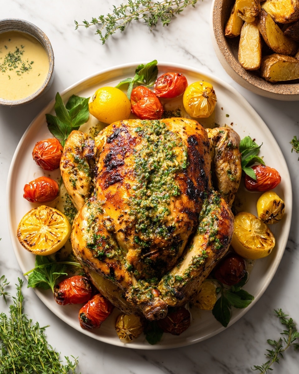 A whole roasted chicken with golden-brown, crispy skin lies centered on a large white plate. The chicken is topped with a green herb crust spread evenly over the breast. Around the chicken, there are fresh sprigs of rosemary and green leafy herbs, along with bright yellow roasted lemon halves and small whole yellow fruits. The plate is set on a white marbled surface, with a white and blue striped cloth beneath it. Nearby, there is a small white bowl filled with roasted potato wedges and a small white bowl containing a creamy yellow sauce with herbs. Photo taken with an iphone --ar 4:5 --v 7