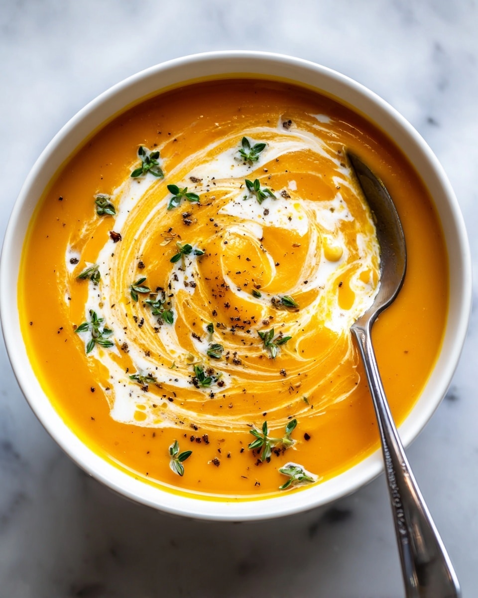 A white bowl filled with thick orange soup with a smooth texture, topped with a swirl of white cream in the center, garnished with small green herb leaves. A silver spoon is placed inside the bowl on the right side, partially submerged in the soup. The bowl rests on a white marbled surface. Photo taken with an iphone --ar 4:5 --v 7