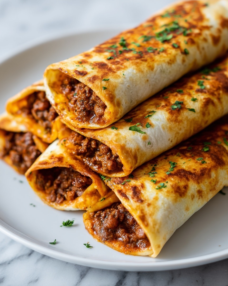 The image shows four folded burritos on a white plate, each with a crispy, golden-brown outer layer. The burritos are filled with a rich, chunky meat mixture visible at the open ends, featuring browned ground meat and beans in a reddish sauce. Small green herb pieces, likely cilantro, are sprinkled on top and around the burritos. The plate sits on a white marbled surface that enhances the warm colors of the food. The texture of the tortillas looks slightly crisp and browned from cooking, with the filling appearing juicy and hearty. photo taken with an iphone --ar 4:5 --v 7