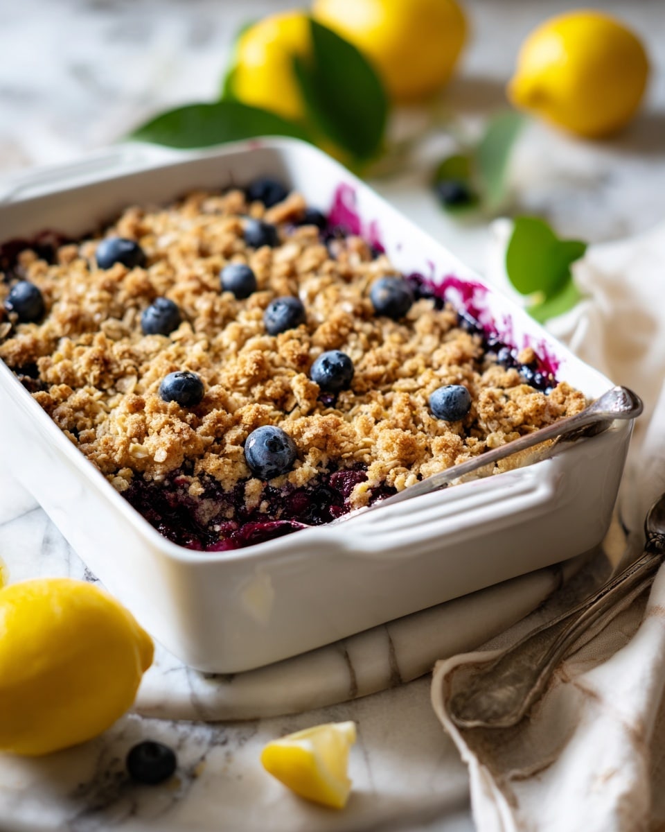 A white rectangular baking dish filled with a two-layer dessert. The bottom layer is a smooth, creamy light beige, while the top layer is a crumbly golden brown streusel dotted evenly with dark purple blueberries and light brown peanut pieces. The dish is placed on a white marbled surface with two whole lemons and green leaves nearby, along with a white cloth on the right side. Photo taken with an iphone --ar 4:5 --v 7
