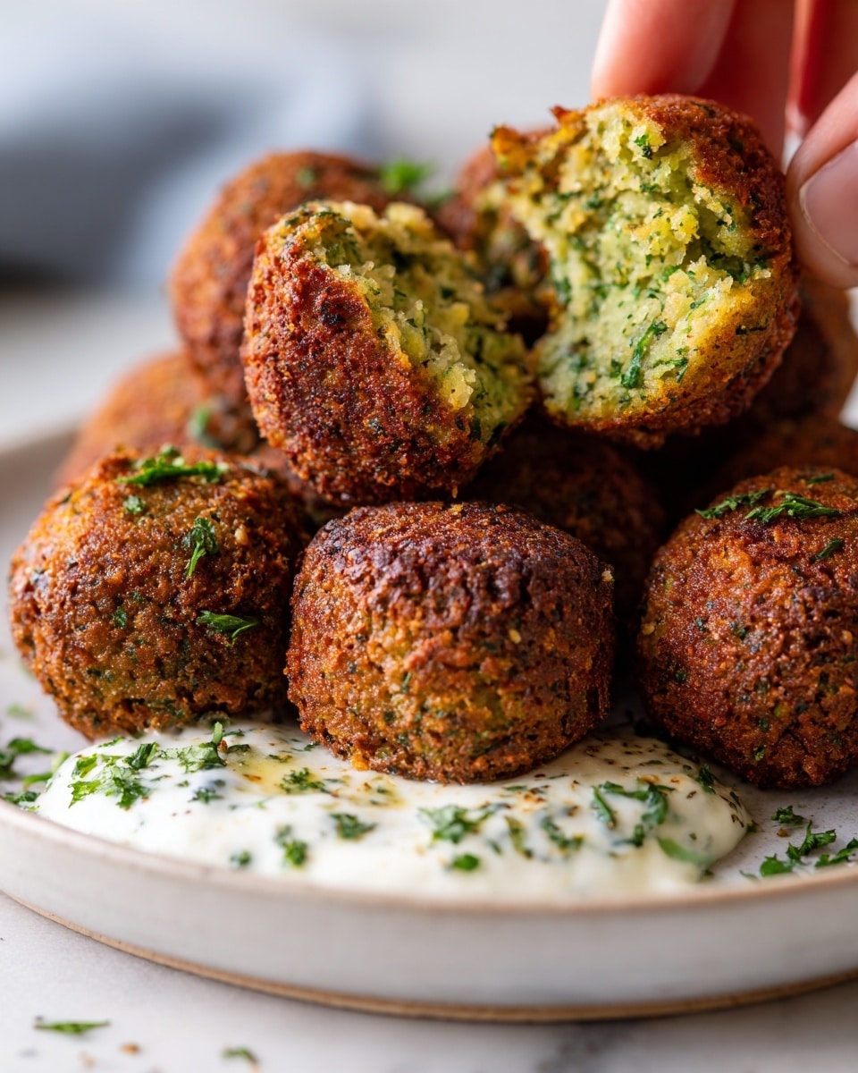 A white plate on a white marbled surface holds several round falafel balls that are golden brown and crispy on the outside. One falafel ball is cut in half, showing a green and grainy inside filled with herbs and chickpeas. Underneath the halved falafel, there is a small dollop of creamy white sauce with green herb specks. The overall scene looks fresh and appetizing, with a soft focus on the background. Photo taken with an iphone --ar 4:5 --v 7