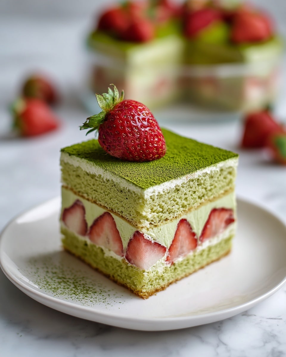 A slice of layered cake on a white plate sits on a white marbled surface. The cake has five visible layers: starting from the bottom, a green matcha sponge, followed by a pale green cream layer with pieces of red strawberries embedded, then a light yellow sponge cake, topped with a white cream layer with fresh strawberry slices inside, and finished with a green matcha powder dusted on top. The cake slice is garnished with a halved red strawberry placed on top. In the background, the whole cake with the same layers and green matcha powder on top is visible, along with a bowl of whole strawberries. Photo taken with an iphone --ar 4:5 --v 7