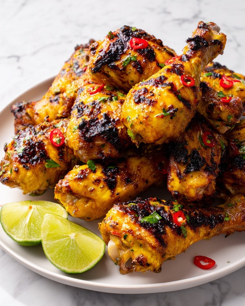 The image shows a black plate filled with grilled chicken drumsticks that have a golden-yellow color with dark char marks scattered across their surfaces. The drumsticks are stacked in two layers, with the bottom layer mostly covered and the top layer clearly visible, showing some red chili slices and green herb pieces sprinkled on them. There are two lime halves placed on the left side of the plate, one partially underneath some chicken and the other resting on the marbled white surface. The chicken skin looks shiny, slightly oily, and textured with a mix of crispy burnt areas and tender yellow parts photo taken with an iphone --ar 4:5 --v 7