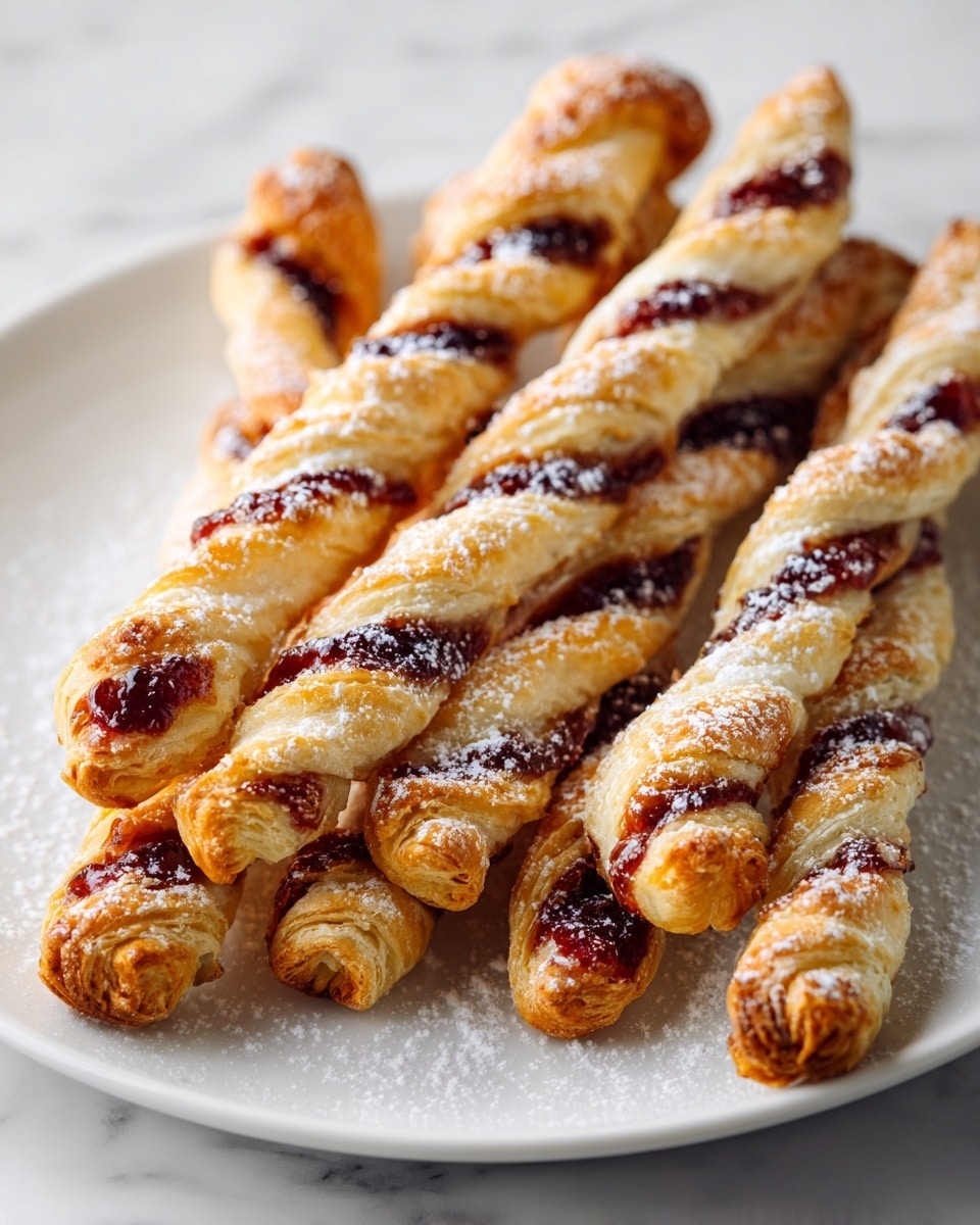 The image shows a white plate filled with several golden-brown puff pastry twists, each spiraled tightly with a visible layer of dark red jam filling running through the center. The pastries have flaky, crispy textures and are dusted lightly with white powdered sugar on top. The twists are stacked close together, some lying slightly on top of each other, against a white marbled surface in the background. photo taken with an iphone --ar 4:5 --v 7