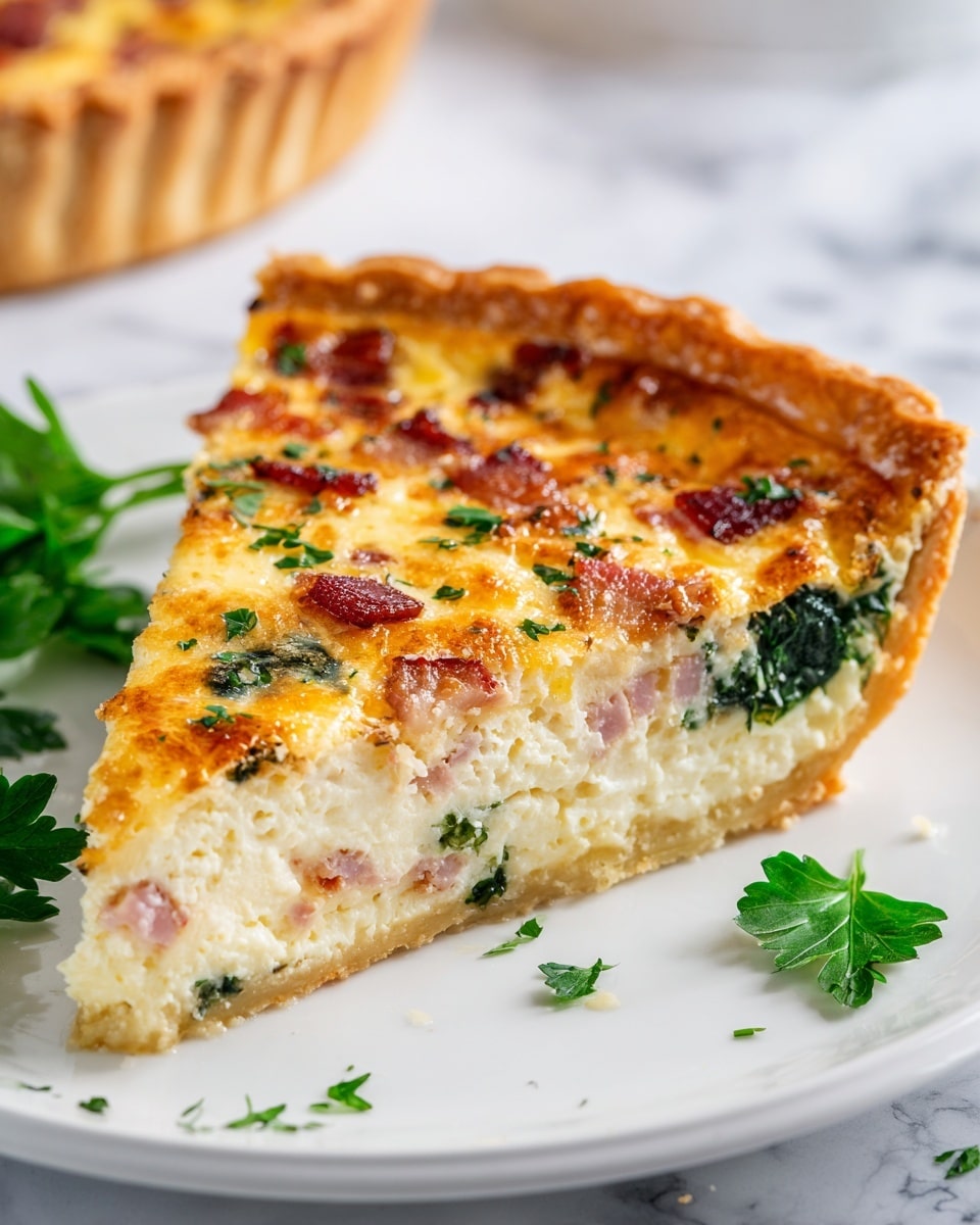 A close-up image of a quiche slice on a white plate showing three main layers: a golden-brown flaky crust on the bottom and sides, a thick creamy middle layer mixed with small pieces of pink ham and green spinach, and a top layer of melted golden cheese with crispy browned spots and scattered fresh green parsley leaves. The quiche slice is cut to reveal its soft inside texture, and some parsley pieces are also placed on the plate. The background is a white marbled texture. photo taken with an iphone --ar 4:5 --v 7
