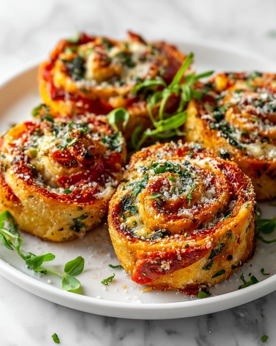 The image shows a white plate with five small, round savory pinwheels arranged close together. Each pinwheel has three visible layers: a golden-brown outer crust, a middle layer of red, yellow, and green bell pepper strips, and an inner layer of melted cheese with some green herbs. The pinwheels are sprinkled with grated cheese and fresh green basil leaves on top, giving a fresh and colorful look. The white plate sits on a white marbled surface. photo taken with an iphone --ar 4:5 --v 7
