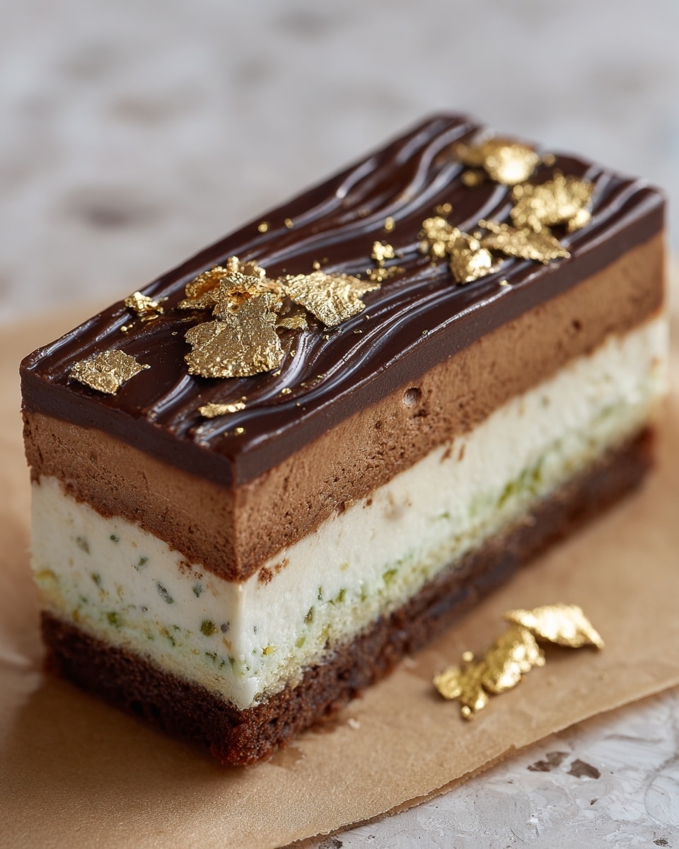 A rectangular slice of layered dessert is shown on a light brown parchment-like paper set against a white marbled texture. The dessert has four distinct layers: the bottom layer is a dark brown dense base with a slightly rough texture, followed by a creamy white layer with green specks and a soft, smooth texture. Above this is a medium brown, firm layer with a smooth surface, and the top layer is a darker, glossy chocolate with wavy ridges. Scattered on top and around the dessert are shiny, irregular pieces of gold leaf that add a luxurious touch. photo taken with an iphone --ar 4:5 --v 7