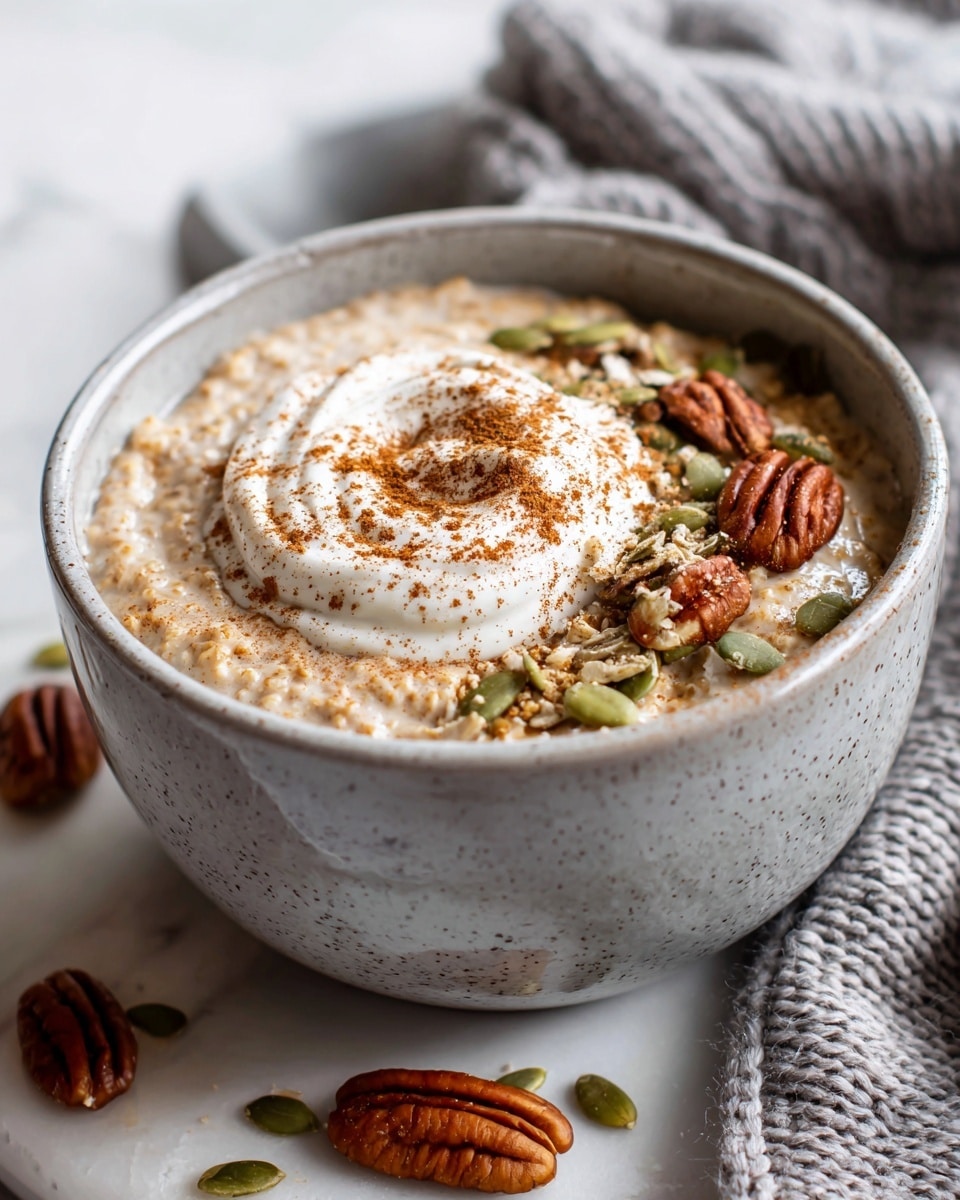 A bowl of creamy oatmeal fills the speckled light beige bowl, with its soft, textured beige porridge base visible. On top, there is a swirl of white whipped cream sprinkled with brown cinnamon powder. Around the whipped cream, there are scattered brown pecan halves and green pumpkin seeds, adding contrast and texture. The bowl sits on a white marbled surface with a light gray knitted cloth to the right. Some pecans and seeds are also loosely placed around the bowl. Photo taken with an iphone --ar 4:5 --v 7