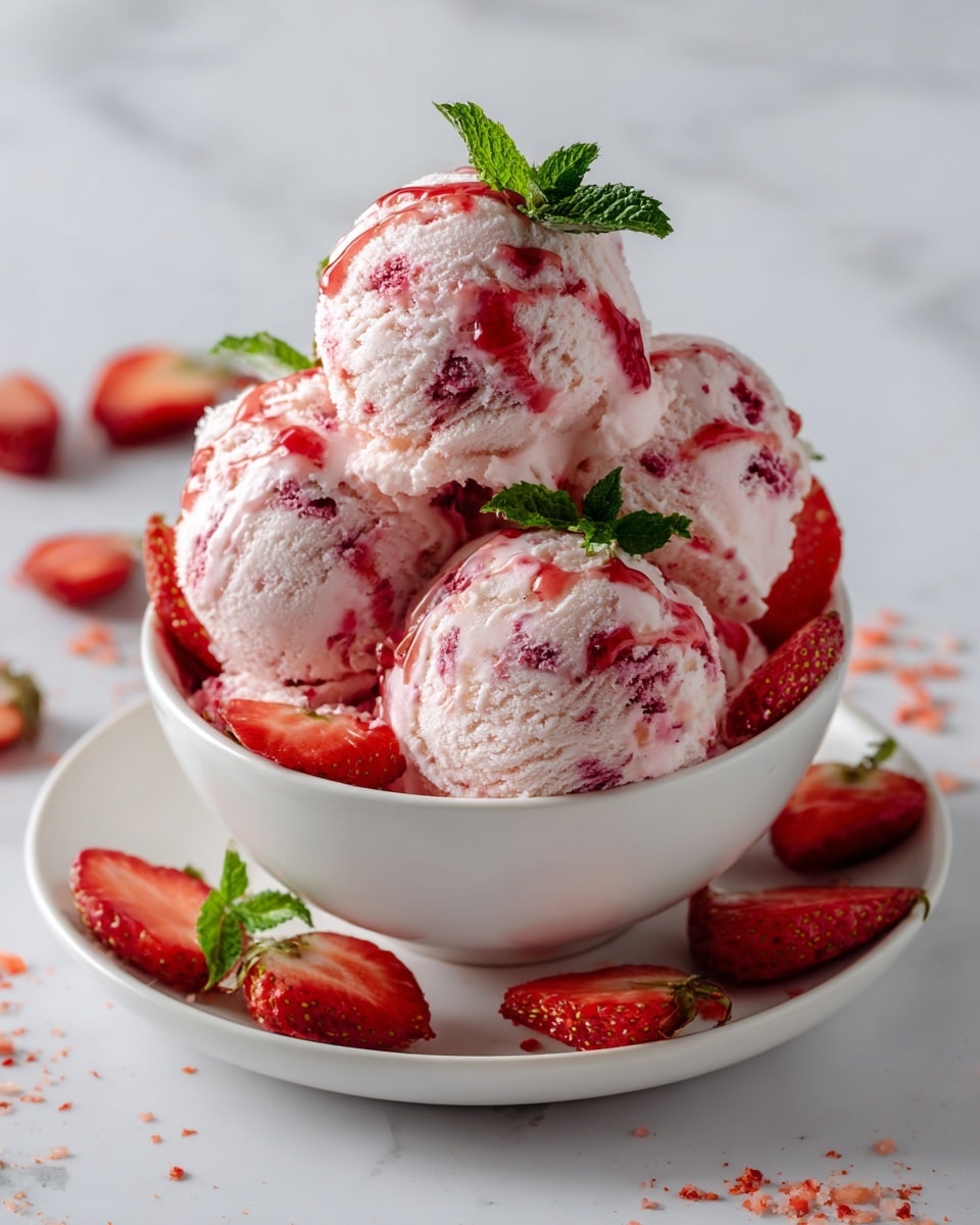 A white bowl filled with five pink strawberry ice cream scoops stacked in two layers, with three scoops forming the bottom layer and two scoops on top, each scoop showing specks of red strawberry chunks. The ice cream drizzled with red strawberry syrup and garnished with fresh green mint leaves on top of each scoop. Around the scoops inside the bowl are sliced fresh strawberries. The bowl is placed on a white plate with scattered red and orange crumbs, all set on a white marbled surface. Photo taken with an iphone --ar 4:5 --v 7