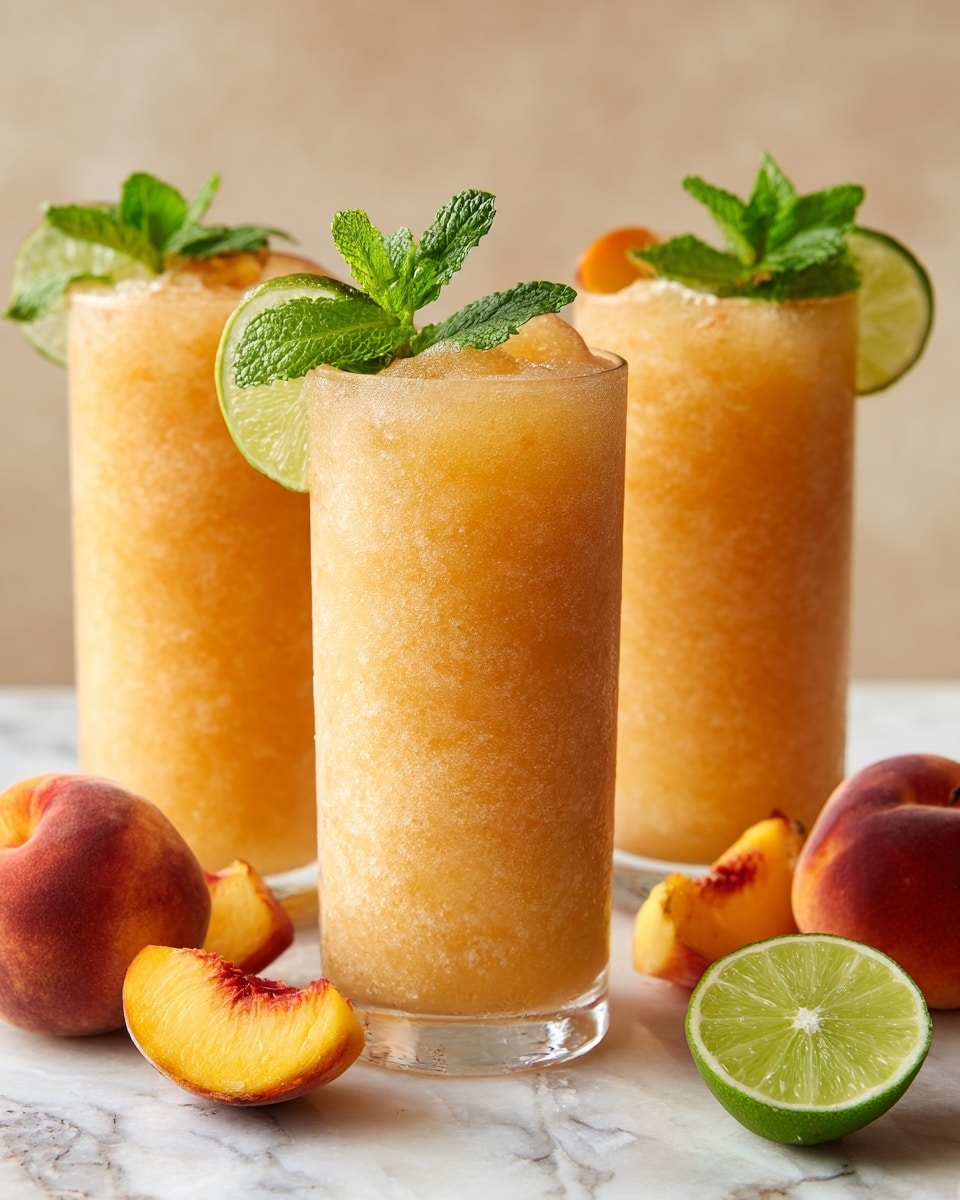 Three tall clear glasses filled with a light orange frozen drink with a smooth icy texture are placed on a white marbled surface. Each glass is garnished on top with a small bunch of fresh green mint leaves, two orange peach slices on one side, and one bright green lime wheel on the other. Around the glasses on the marble surface are whole and sliced peaches and lime wedges, adding a fresh and colorful touch. The background is a soft beige color, giving a warm and inviting feel. Photo taken with an iphone --ar 4:5 --v 7