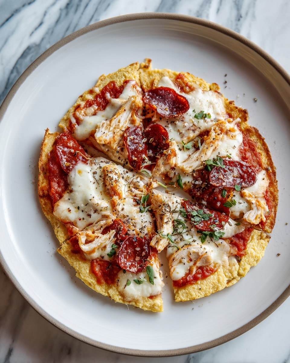 A small round pizza sliced into four parts sits on a white plate with a light brown rim, placed on a white marbled surface. The pizza has a thick, light golden crust with a coarse texture. On top, a bright red tomato sauce layer covers the base, followed by melted white cheese with some brown edges. There are pieces of cooked chicken scattered on each slice, along with round, red pepperoni slices beneath the cheese. Green herb leaves and a sprinkle of dried herbs cover the pizza, adding a touch of green and brown. The scene is warmly lit, highlighting the textures and colors vividly. Photo taken with an iphone --ar 4:5 --v 7