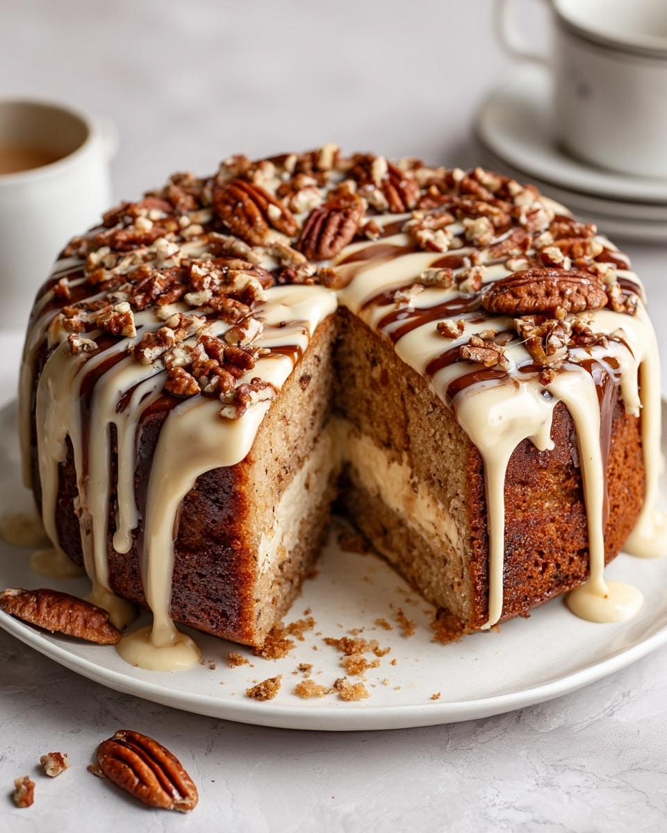 A round cake with one slice removed sits on a white plate on a white marbled surface. The cake has two visible layers: a light brown, soft-looking inner cake layer with a slightly crumbly texture, and a darker brown cinnamon filling swirl inside. The top is thickly covered with caramel-colored glaze drizzled over the edges, and large glossy pecan halves and smaller chopped nuts are scattered evenly on the top. A single pecan half lies on the white plate beside the cake with some crumbs scattered around. The background shows a blurred cup with a blue floral pattern and a cloth. Photo taken with an iphone --ar 4:5 --v 7