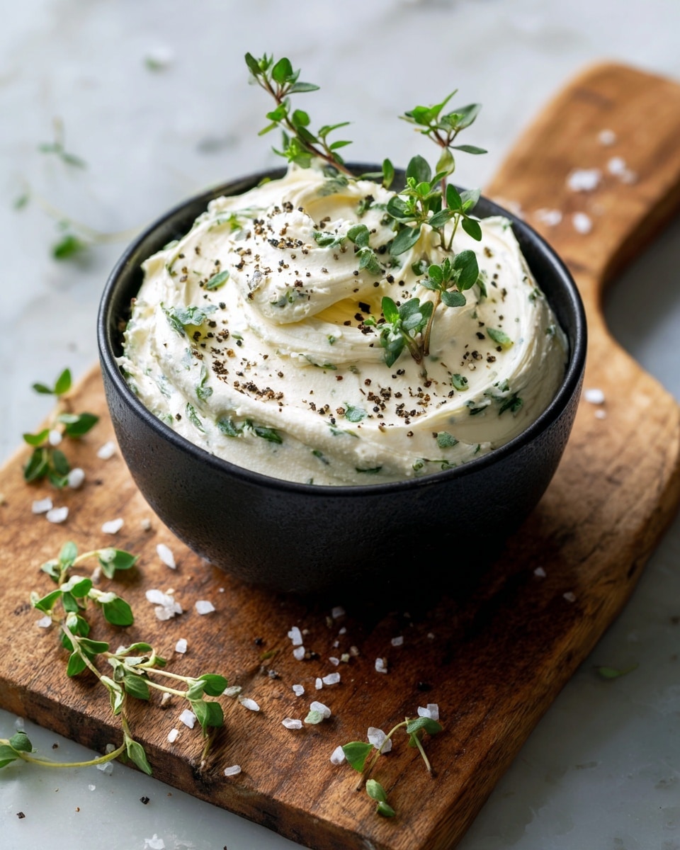 A black bowl filled with a creamy white spread that has small green herb pieces and a few red specks mixed in, swirled in soft peaks. The spread is topped with a sprinkle of black pepper and fresh green herb sprigs placed in the center. The bowl rests on a rustic wooden chopping board with scattered coarse salt, cracked black pepper, and small herb leaves around it, all set on a white marbled texture. photo taken with an iphone --ar 4:5 --v 7