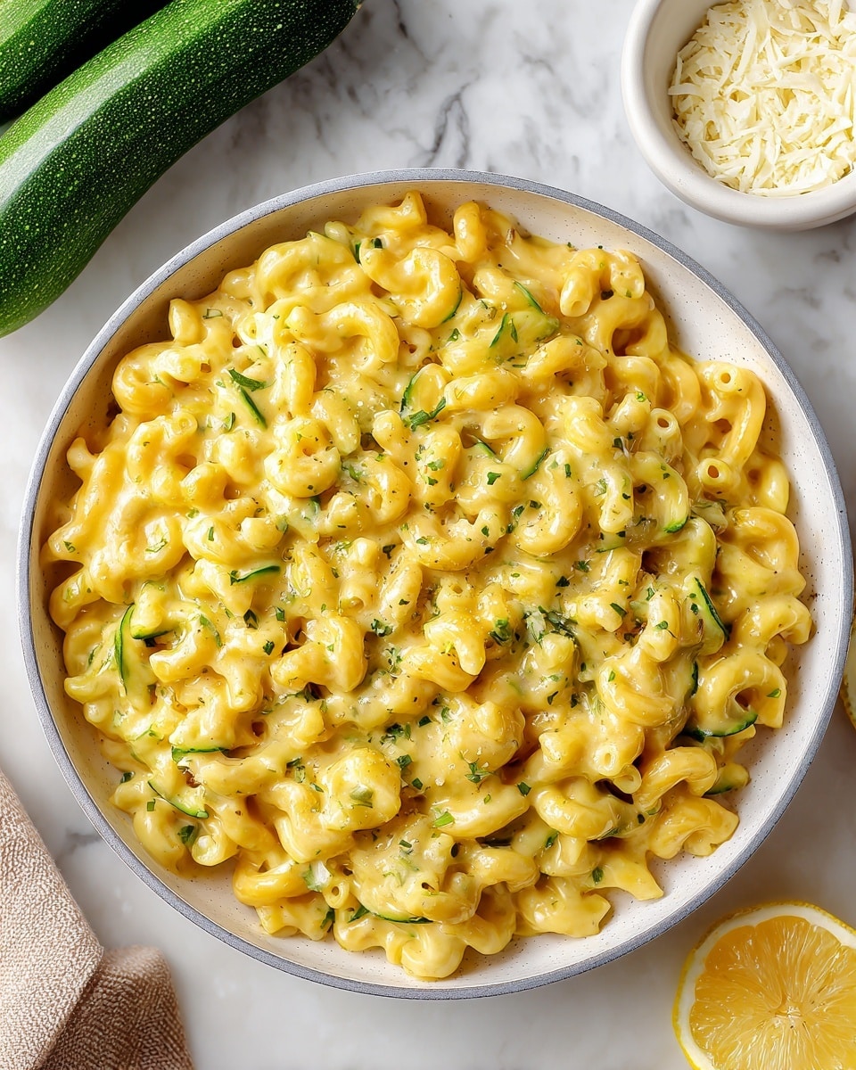 A large white pot filled completely with creamy macaroni pasta is shown from above. The pasta is curly and coated in a thick, yellow cheese sauce mixed with small green herbs and specks, creating a textured, slightly chunky surface. The edges of the pot are clean, with white handles visible on either side. Around the pot, fresh green zucchini and a white dish with grated cheese and lemon slices sit on a white marbled surface. photo taken with an iphone --ar 4:5 --v 7
