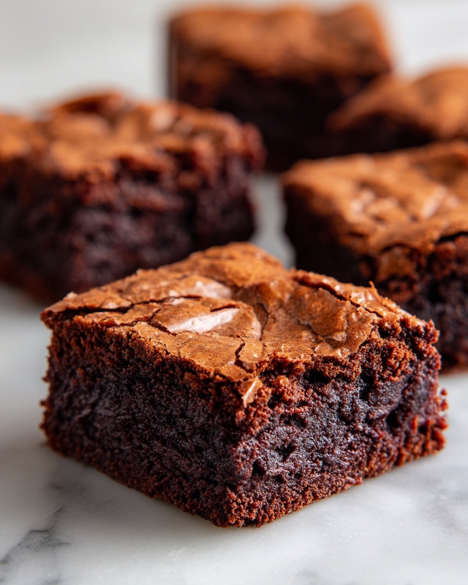 The image shows five thick square brownies placed on a white marbled surface. Each brownie has a dark brown color with a slightly cracked, shiny top layer, giving a textured and slightly crispy look, while the inside looks moist and dense with a soft crumbly texture. The brownies are arranged close to each other with the front brownie in sharp focus, showing detailed textures on the sides and top, while the others blur slightly in the background. photo taken with an iphone --ar 4:5 --v 7