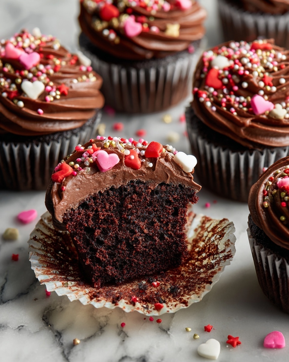The image shows several chocolate cupcakes with one cupcake cut in half in the center to reveal a moist, dark chocolate cake base as the bottom layer, topped with thick swirls of smooth, dark chocolate frosting as the top layer. The frosting is decorated with colorful sprinkles in red, pink, white, and gold, including heart shapes and small stars. The cupcakes rest on a white marbled surface with some crumbs and scattered sprinkles around them. photo taken with an iphone --ar 4:5 --v 7