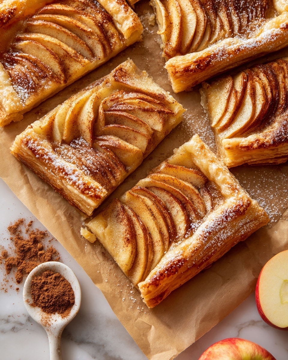 A close-up view of several rectangular slices of golden brown puff pastry apple tart on light brown parchment paper, each slice topped with neatly arranged, fan-shaped layers of thinly sliced apple coated with a dusting of cinnamon and sugar. The pastry edges are thick, flaky, and have a shiny, crisp texture, contrasting with the soft, warm apple slices inside. At the lower left corner, a white ceramic spoon filled with ground cinnamon lies beside the tart, with some cinnamon spilled slightly on the parchment. In the lower right corner, a partial view of a fresh apple slice adds a fresh touch. The whole scene is set on a white marbled surface to add subtle brightness to the warm tones of the tart. Photo taken with an iphone --ar 4:5 --v 7