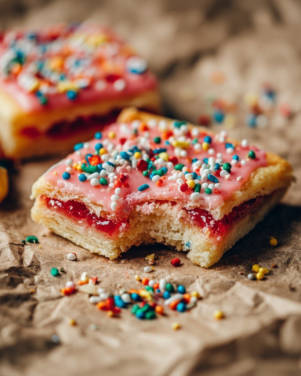 A close-up of a square pastry with two layers, the bottom layer is golden, flaky crust with visible cracks and crumbs, while the second layer is a glossy, smooth pink icing covering the top. Brightly colored rainbow sprinkles in red, blue, green, yellow, white, orange, and pink are scattered across the icing. One corner of the pastry is bitten off, revealing a juicy, shiny red filling inside. The pastry sits on crumpled brown parchment paper over a white marbled surface. Photo taken with an iphone --ar 4:5 --v 7