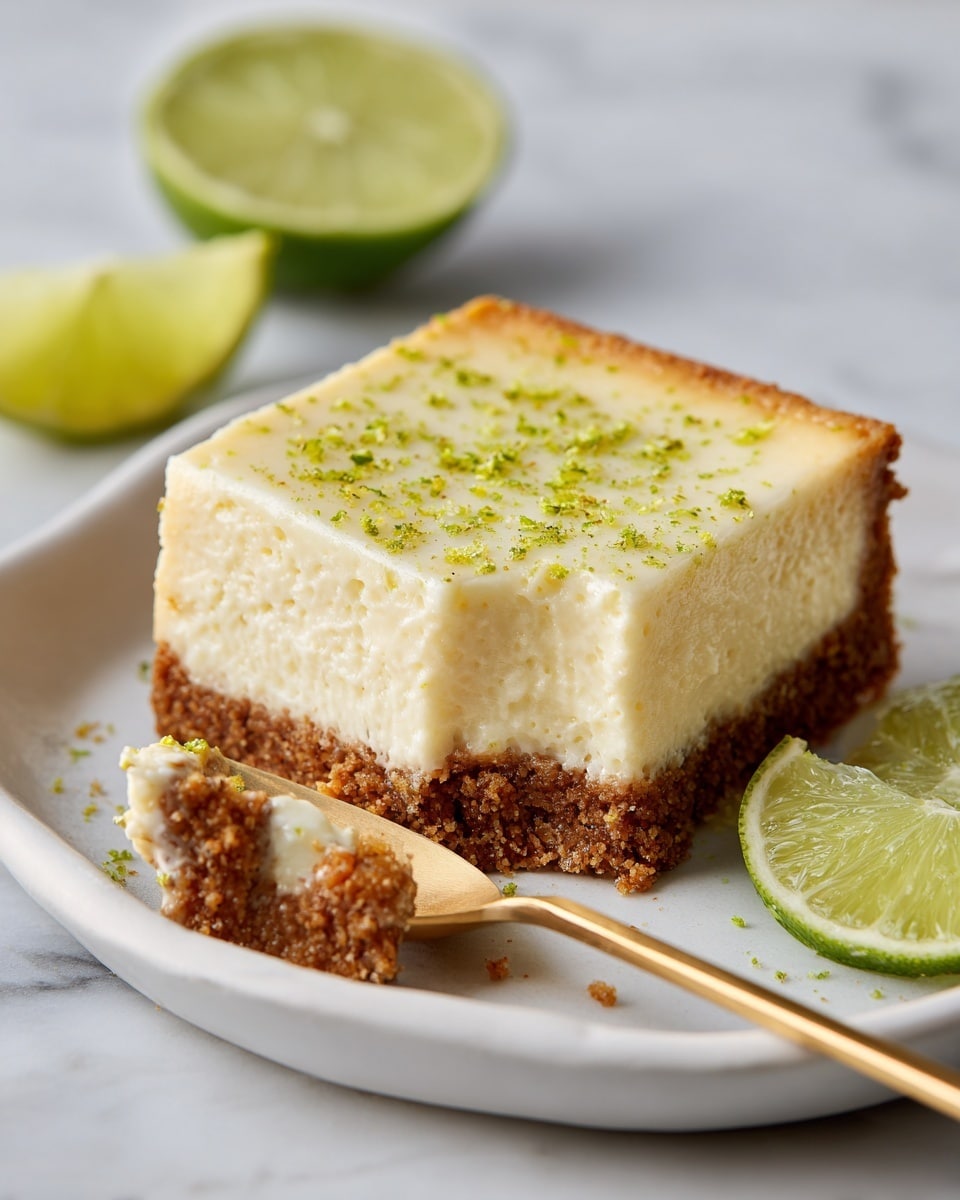 A square cheesecake bar with two layers sits on a white plate; the bottom layer is a thick, crumbly, golden brown crust, and the top layer is a smooth, pale yellow creamy filling with a light sprinkle of green zest on top. A small square piece has been cut from the front left corner and rests on a gold fork placed on the plate. In the background, two green lime slices are partially visible on the white marbled texture surface. photo taken with an iphone --ar 4:5 --v 7