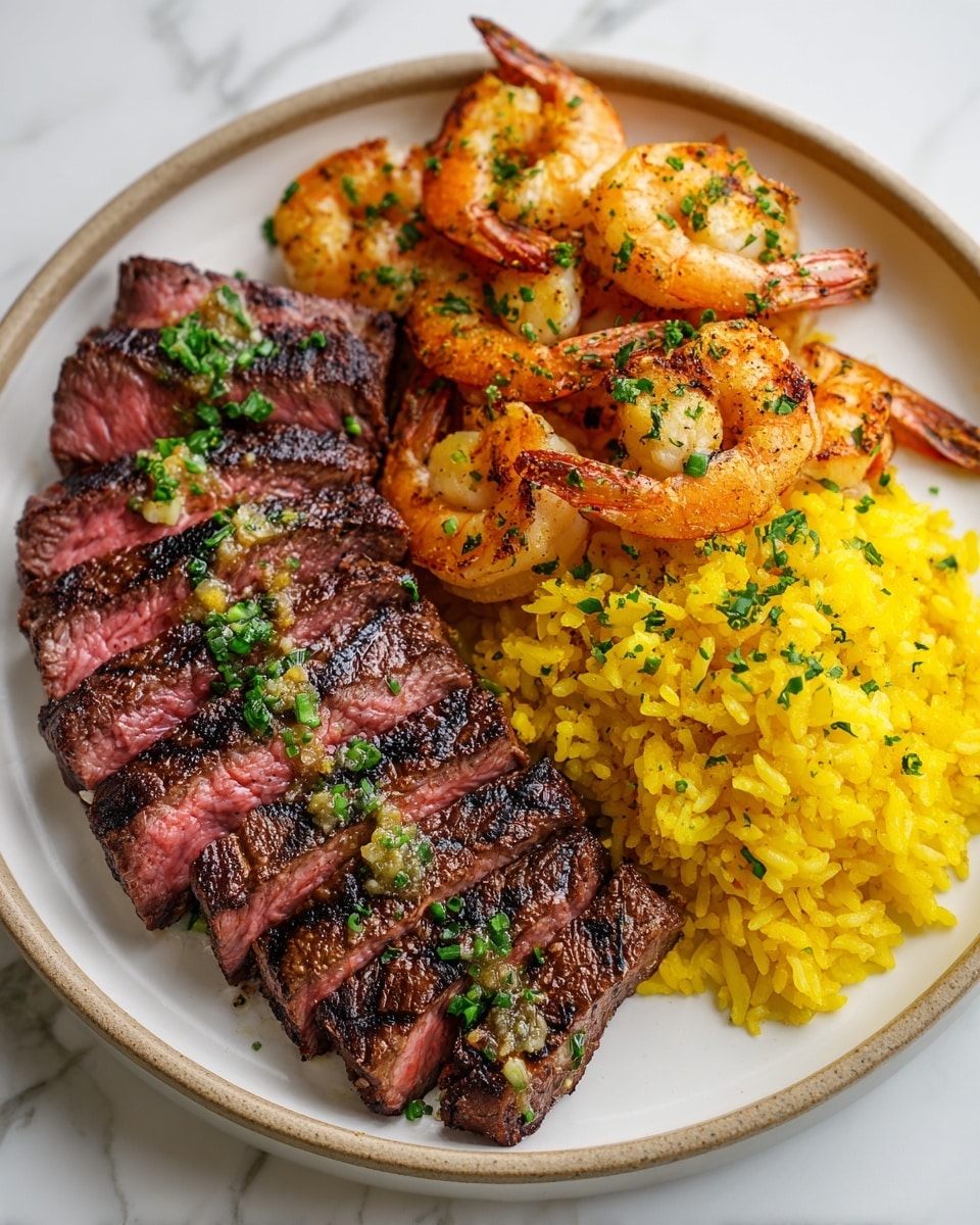 The dish shows three main layers on a white plate set on a white marbled surface: on the left, there are five slices of medium-rare steak with a brown grilled crust and a pink inside, garnished with small green herb pieces; in the middle and top right, there are several grilled shrimp with a light orange color and char marks, sprinkled with chopped green herbs; on the right side, there is a heap of bright yellow rice with visible grains, also garnished with green herbs. The textures show the juicy steak, firm shrimp, and fluffy rice, all close together. photo taken with an iphone --ar 4:5 --v 7