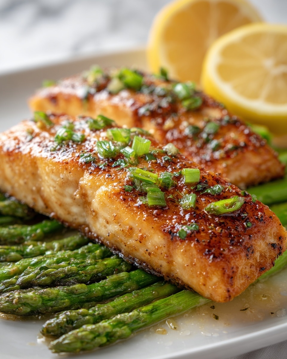 The image shows two golden-brown grilled fish fillets lying side by side on a bed of green asparagus spears. The fish is topped with small pieces of chopped green herbs and scallions, and the surface is slightly shiny with a glaze or oil, showing a texture of light charring and seasoning. In the background, two lemon halves are visible, adding a bright yellow color contrast. The dish is presented on a white plate with a white marbled texture background. photo taken with an iphone --ar 4:5 --v 7