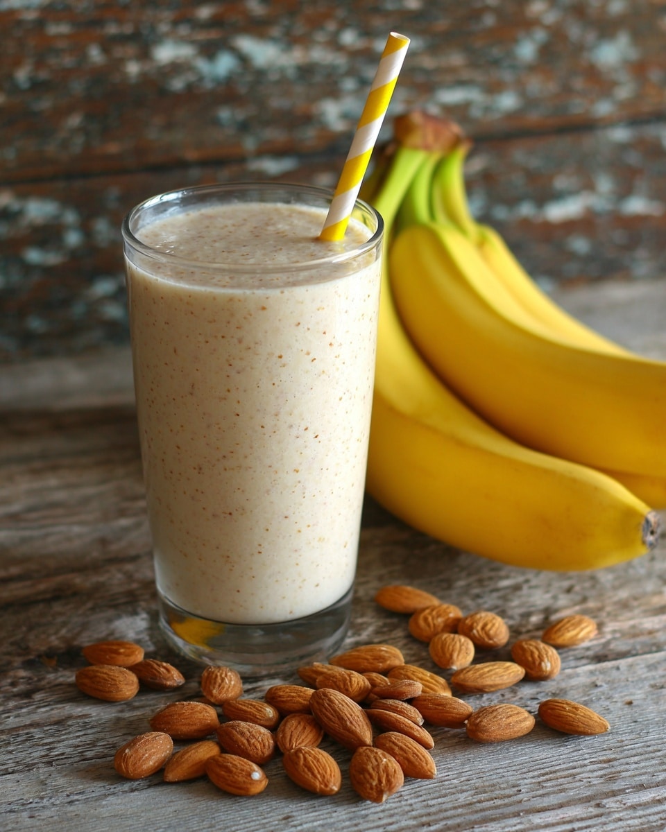 A clear glass filled with a creamy, light beige smoothie that has small brown specks throughout, showing a smooth but slightly textured surface, with a striped yellow and white paper straw sticking out from the center; next to the glass is a bunch of bright yellow bananas resting on a white marbled surface and a small pile of whole light brown almonds scattered nearby, all set against the same white marbled texture photo taken with an iphone --ar 4:5 --v 7