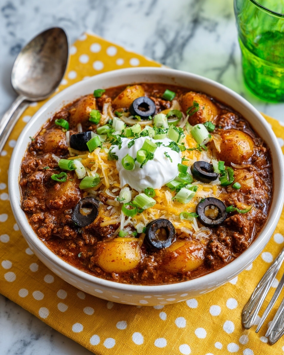 A white bowl filled with a thick, brownish chili-like mixture containing round pieces of potatoes and bits of ground meat. The dish is topped with slices of black olives, chopped green onions, a layer of shredded pale yellow cheese, and a dollop of white sour cream in the center. The bowl sits on a yellow cloth with white polka dots against a white marbled surface. A metal spoon and fork rest beside the bowl, and a green glass cup is visible in the background. Photo taken with an iphone --ar 4:5 --v 7