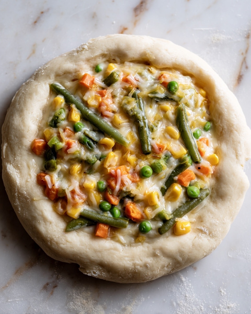 The image shows a close-up of a baked pastry with one main layer of thick, golden-brown dough that looks soft and flaky. On top, there is a creamy mixture of cooked vegetables including green beans, bright green peas, yellow corn, and orange carrot pieces, all coated in a melted light-colored cheese or sauce. The vegetable layer sits neatly in the center of the dough, with small bits of cheese melting over. The background is a white marbled texture. photo taken with an iphone --ar 4:5 --v 7