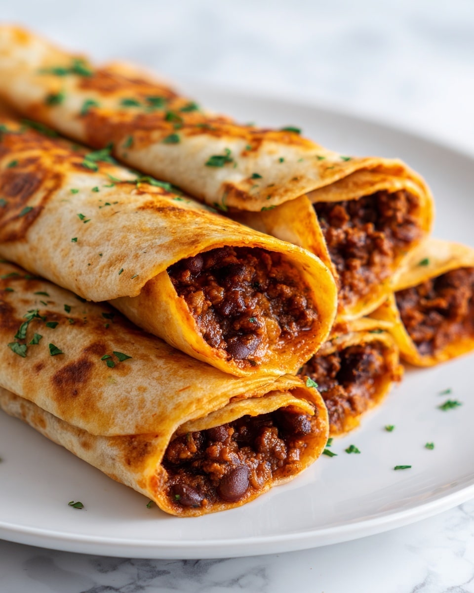 A close-up view of four folded burritos stacked on a white plate, each burrito showing a browned, slightly crispy outer tortilla with a golden-orange tint. The burritos are filled generously with a rich, dark brown mixture of ground meat and beans, with a moist, chunky texture visible at the cut ends. Sprinkled green herbs lightly garnish the top of the tortillas and plate, adding a fresh pop of color. The burritos are stacked slightly overlapping on a white marbled surface. photo taken with an iphone --ar 4:5 --v 7
