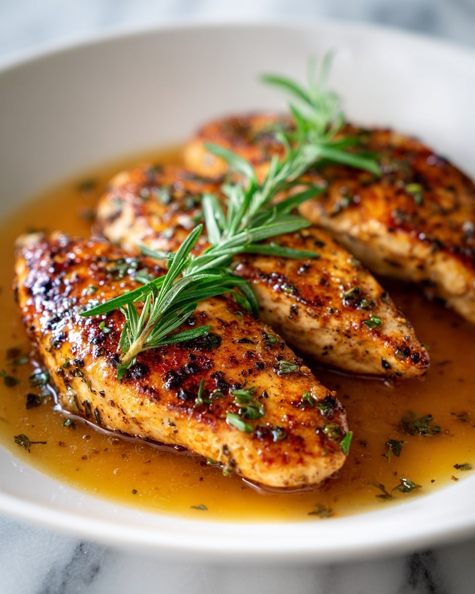 The dish shows three thick grilled chicken breasts in a shallow layer of brown sauce, each piece seasoned with visible herbs and spices creating a textured, slightly charred surface. On top of the three chicken breasts lies a fresh green sprig of rosemary, adding a pop of color. The food is served on a white plate, with the sauce spreading thinly across the base, and edges of the plate are clean and smooth. The background is a white marbled texture, focusing all attention on the chicken. photo taken with an iphone --ar 4:5 --v 7