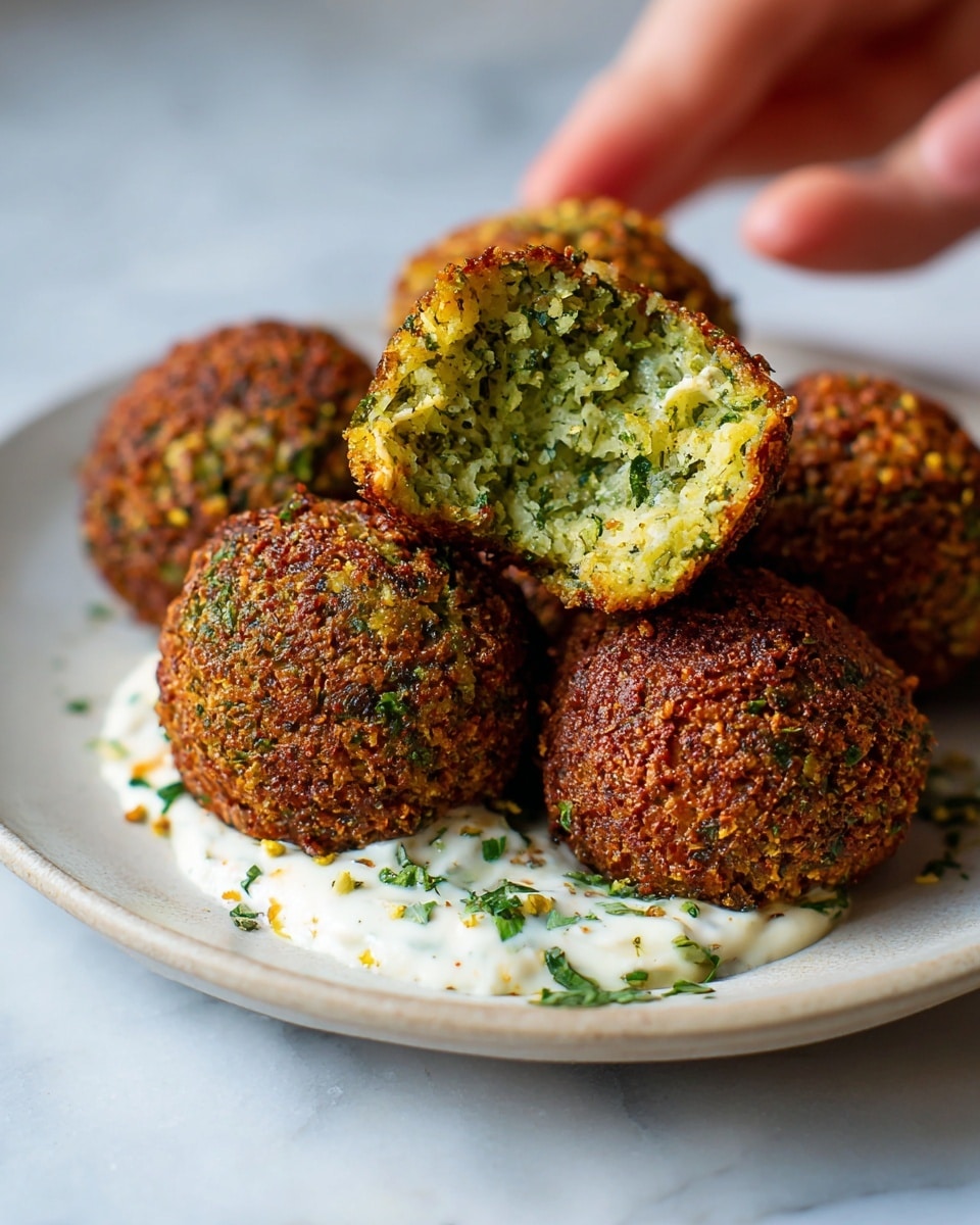 A white plate on a white marbled surface holds several round falafel balls with a crispy, textured golden-brown outside. One falafel ball is cut open, showing a dense, bright green inside full of herbs. Underneath this ball, there is a small pool of creamy white sauce with green herb flecks. The background is blurred, focusing attention on the falafel, and a woman's hand is reaching from the side toward the plate. Photo taken with an iphone --ar 4:5 --v 7