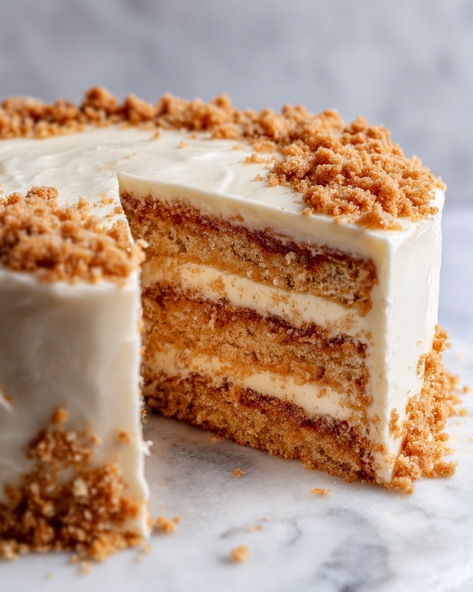 The image shows a close-up of a three-layer cake with smooth, creamy white frosting covering the outside. The frosting is thick and even, with a few crumb pieces sprinkled on top, especially around the edge. The crumb topping is light brown and adds a rough texture contrast to the soft frosting. One slice has been cut and slightly pulled out, revealing the rich layers inside, which appear to be a light brown cake. The cake is placed on a white marbled surface, focusing on the details of the texture and layers. photo taken with an iphone --ar 4:5 --v 7