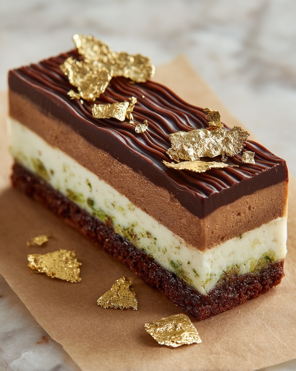 This dessert has four clear layers resting on a white marbled surface. The bottom layer is dark brown and looks dense with a crumbly texture. Above it is a thick white cream layer that has pieces of green and light brown bits scattered inside, giving it a speckled look. The third layer is a solid, smooth, and lighter brown chocolate. The top layer is dark chocolate with wavy ridges running across it, decorated with shiny gold flakes that add a rich touch. Some gold flakes are also scattered around the dessert on the white marbled surface. photo taken with an iphone --ar 4:5 --v 7