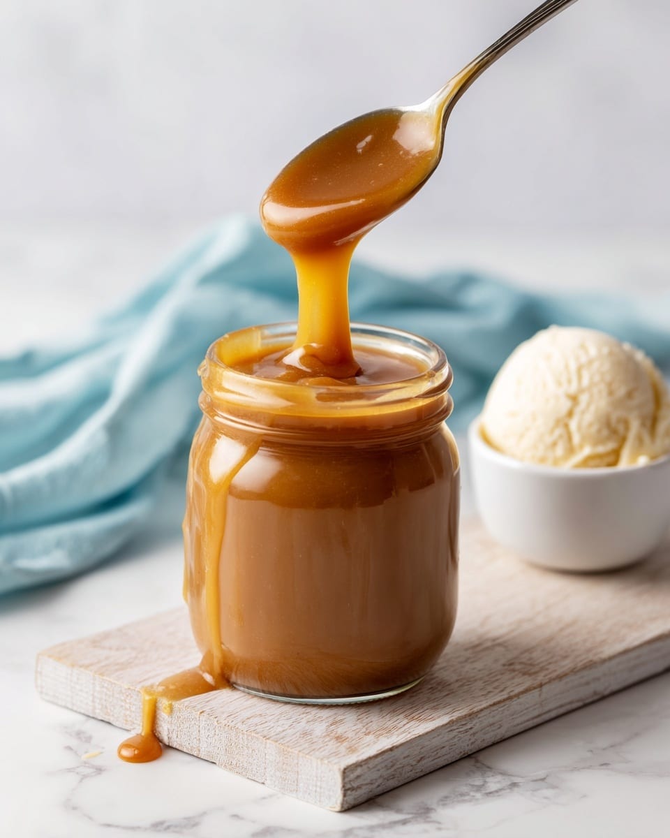 A clear glass jar filled with smooth, shiny caramel sauce sits on a light wooden board. Above the jar, a metal spoon covered in the thick, golden caramel is being lifted, with the caramel slowly dripping back into the jar, showing its thick and glossy texture. In the background, there is a white bowl holding a scoop of white ice cream, placed on a white marbled surface, with a light blue cloth softly folded behind it. The scene is bright and clean, focusing on the caramel's rich color and creamy texture. photo taken with an iphone --ar 4:5 --v 7
