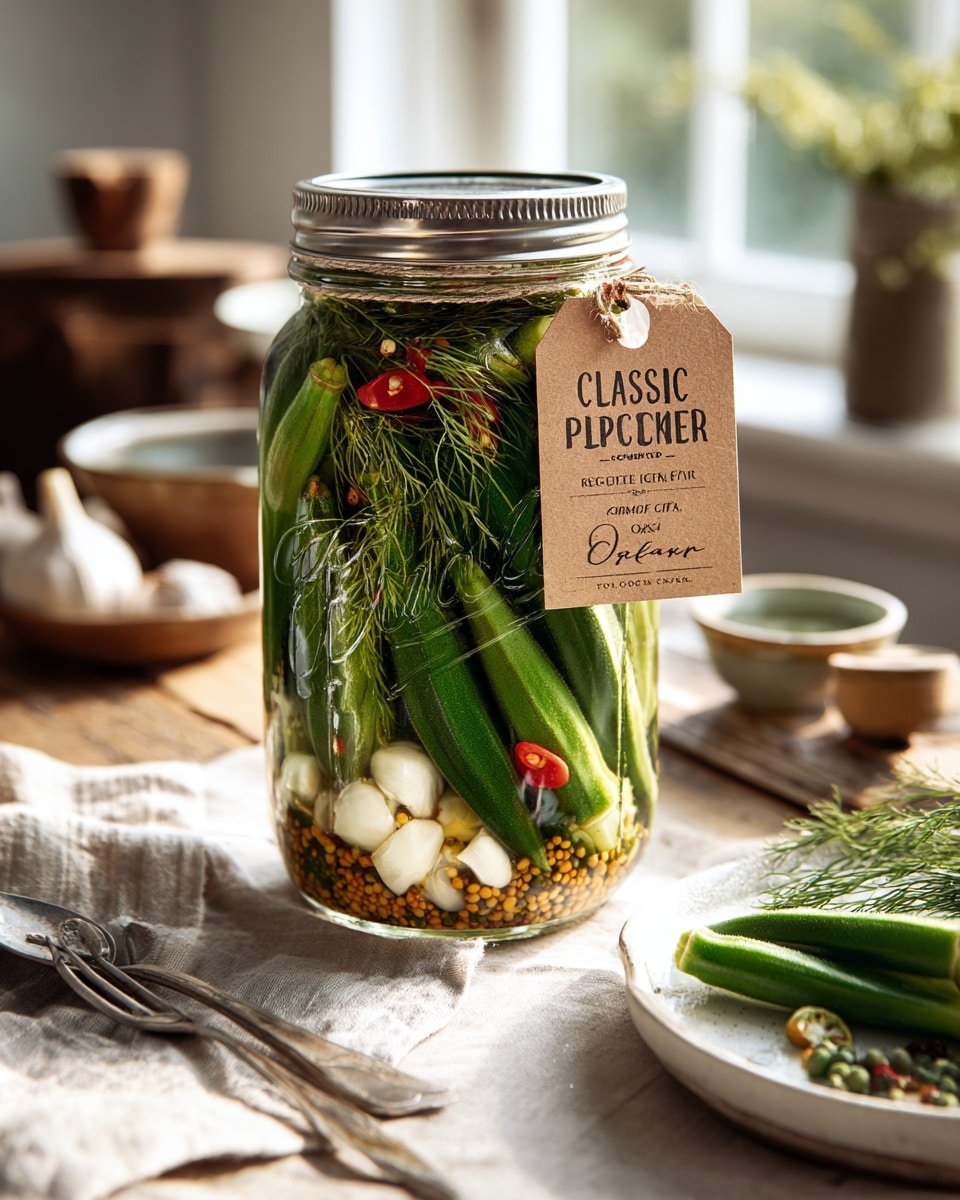 A tall glass jar filled with green pickled okra standing on a rustic wooden table over a white marbled texture. Inside the jar, there are layers of green okra pods, white garlic cloves, red chili peppers, and sprigs of dill all mixed in clear pickling liquid with visible mustard seeds and peppercorns settled at the bottom. The jar is topped with a metal lid and has a brown tag tied around its neck displaying the text