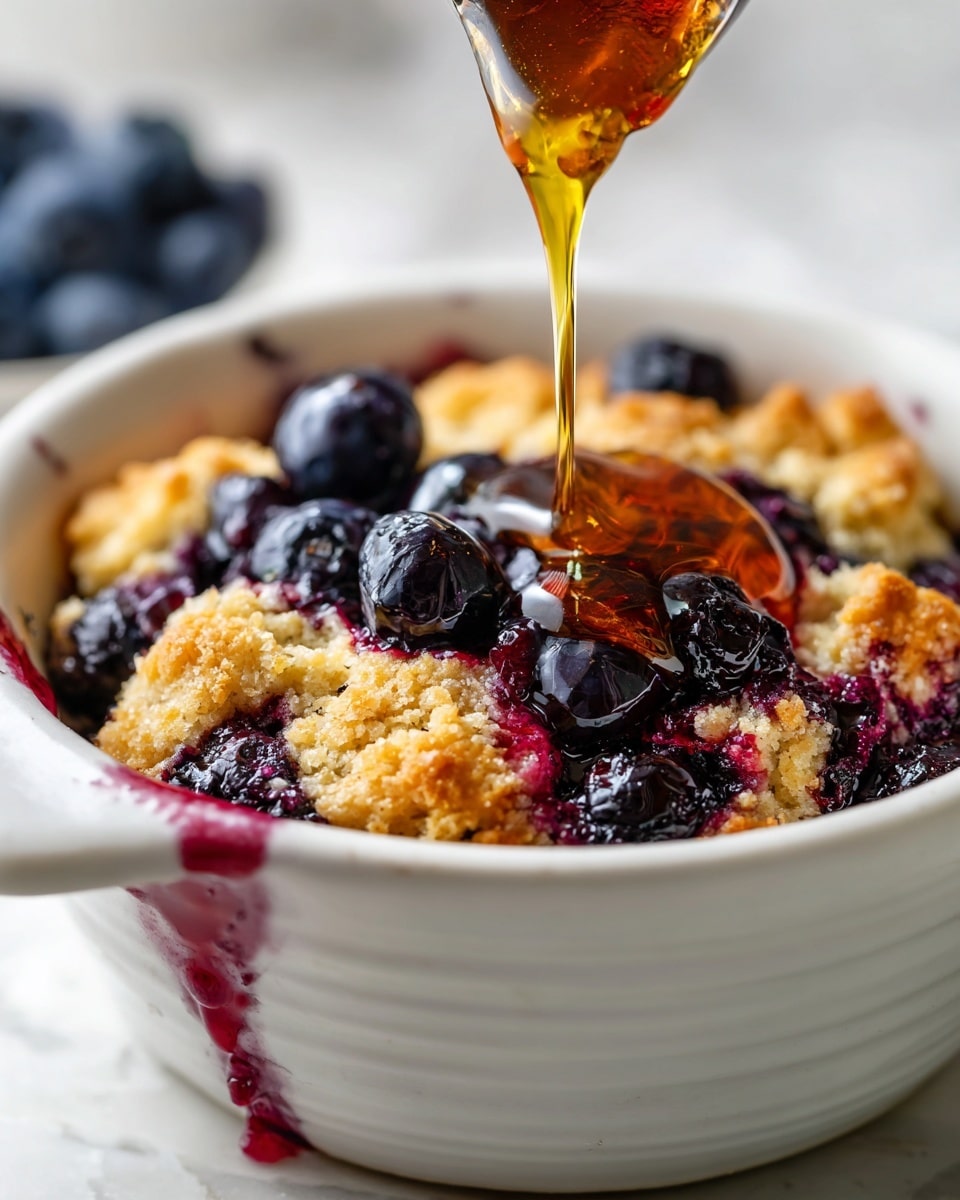 The image shows a close-up of a baked blueberry cobbler in a white ceramic bowl. The dish has a golden-brown crumbly top layer with a rough texture, dotted with whole, deep purple blueberries that peek through. A glossy, amber syrup is being poured over the cobbler, creating a shiny wet layer that drips slightly down the bowl's side. The background is softly blurred, focusing attention on the warm, textured dessert, with a white marbled surface below. photo taken with an iphone --ar 4:5 --v 7
