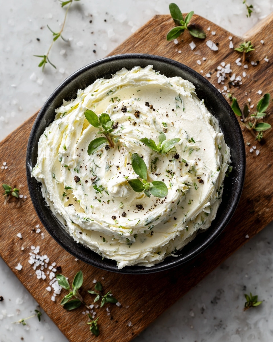 A black bowl filled with one thick, creamy layer of white cheese spread mixed with small green herb bits and light spices, swirled with soft peaks and valleys. The spread is topped with cracked black pepper and a few fresh green herb sprigs spaced evenly. The bowl sits on a rough wooden cutting board with scattered sea salt crystals and tiny herb leaves around it, on a white marbled texture. Photo taken with an iphone --ar 4:5 --v 7