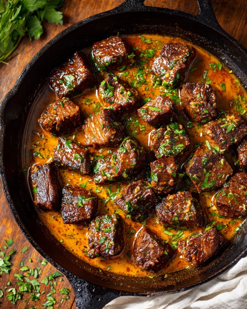 A close-up top view of a black cast iron pan filled with two layers: the first layer is orange-brown garlic butter sauce with visible herbs and bits of garlic, and the second layer is browned, juicy beef cubes arranged evenly over the sauce, each piece showing a crispy dark brown crust and sprinkled with chopped green herbs and garlic. The pan sits on a wooden table with some scattered green herbs and a white cloth partially visible at the bottom corner. photo taken with an iphone --ar 4:5 --v 7
