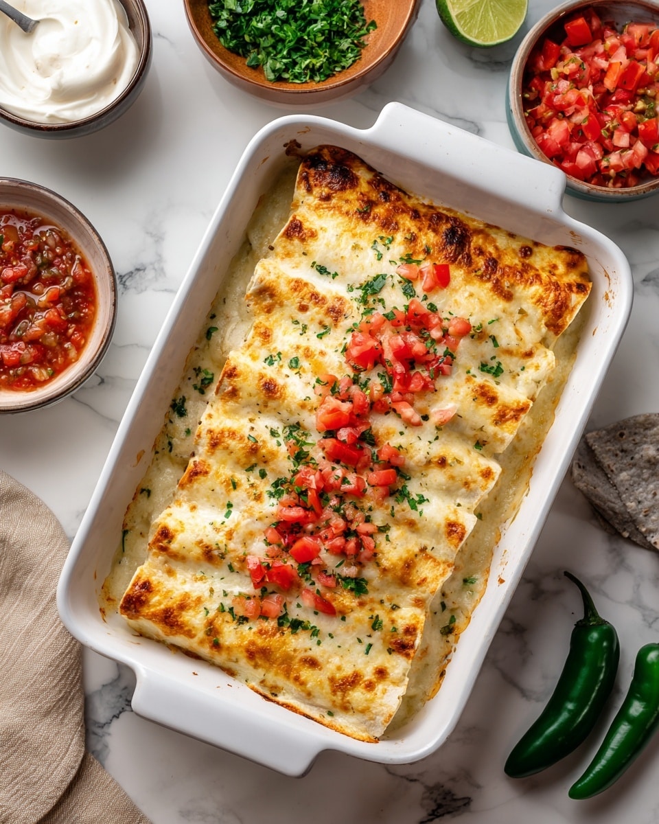 A white rectangular baking dish filled with a baked enchilada dish showing eight rolled tortillas covered in a creamy melted cheese sauce that is golden brown and bubbly on top, sprinkled with chopped red tomatoes and small diced green chilies scattered evenly across the surface, with finely chopped herbs sprinkled lightly as garnish. Around the dish, there are bowls with chopped green chilies, tomato salsa, and sour cream on a white marbled surface with some whole green chili peppers. Photo taken with an iphone --ar 4:5 --v 7