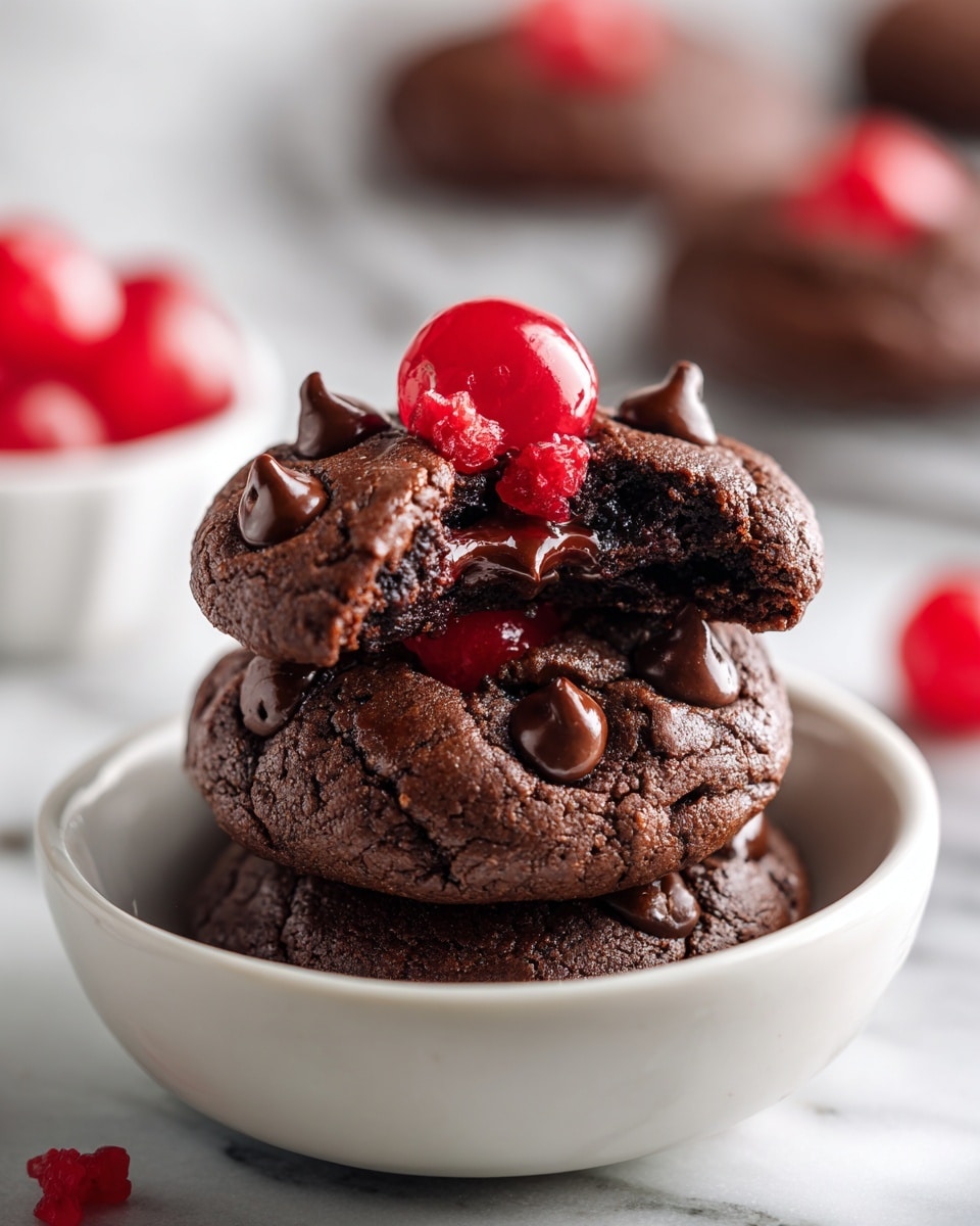 A stack of three thick, round dark brown chocolate cookies sits on a white plate, placed on a white marbled surface. The top cookie has a bite taken out of it, revealing a moist, rich dark chocolate interior. Each cookie is studded with large, glossy dark chocolate chips and bright red cherries embedded into the cookie dough. The top cookie prominently features a whole shiny cherry and a small piece of cherry inside, creating a mix of deep brown, red, and melted chocolate textures. Photo taken with an iphone --ar 4:5 --v 7